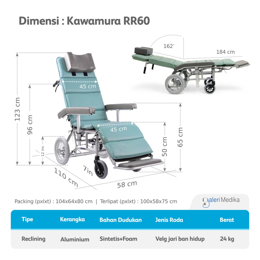 Kawamura Type RR60  Reclining Wheelchair / Berbaring - Kursi Roda Jepang