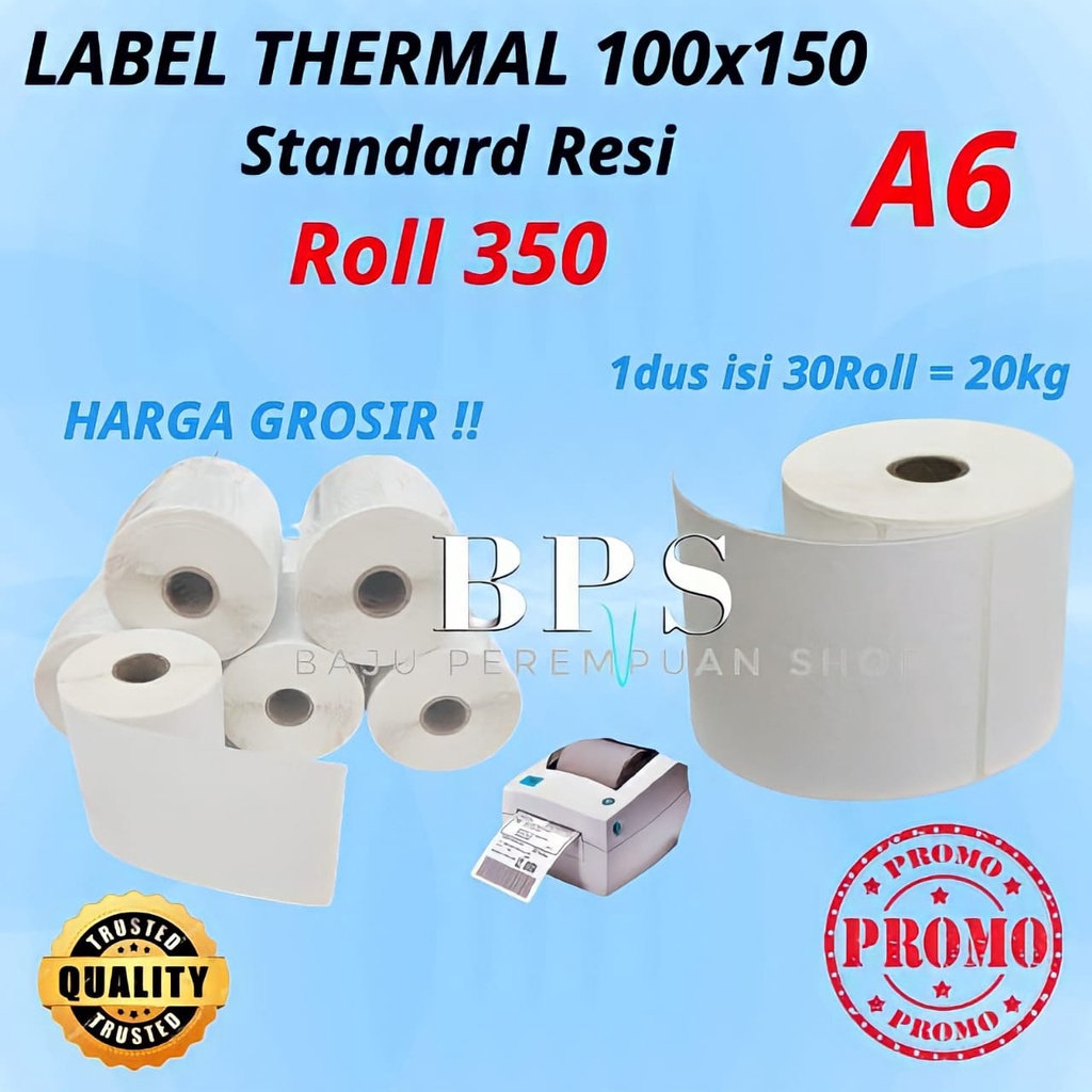 GROSIR Kertas Thermal Label Sticker Barcode 100x150 ROLL 350pcs LIPAT 500lbr ukuran A6/Stiker Termal Tanpa Ribbon