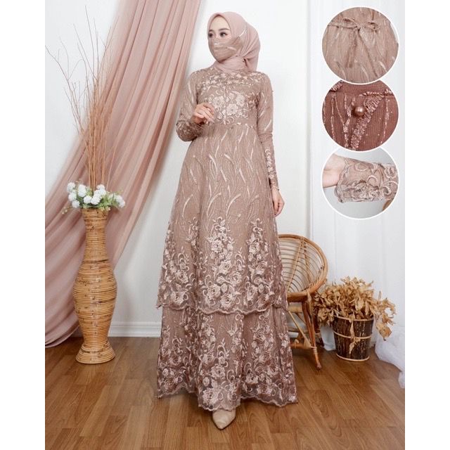 Davira (New Product)Dress Susun Full Brukat Free Masker/Busui Friendly / Gamis Pesta Kondangan/Bridesmaid/Tille Mewah