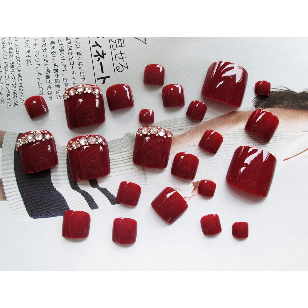 Divine Kuku Palsu 24pcs/Set Toes Fake Nails Rhinestone Red kuku palsu untuk kaki J51