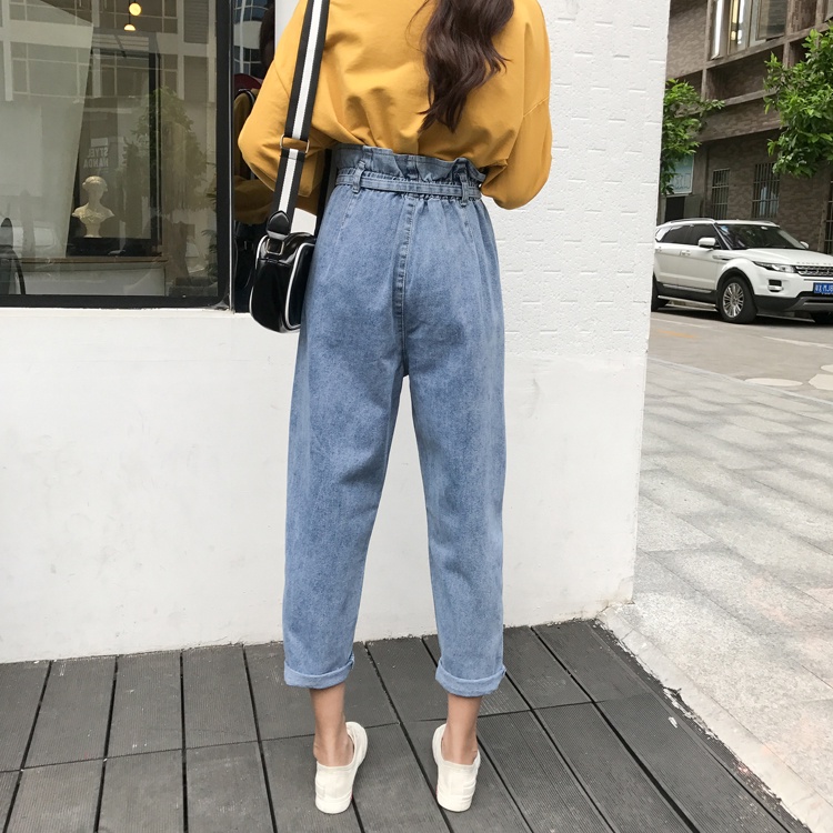 yikoo-Celana panjang model high waist bahan jeans untuk wanita