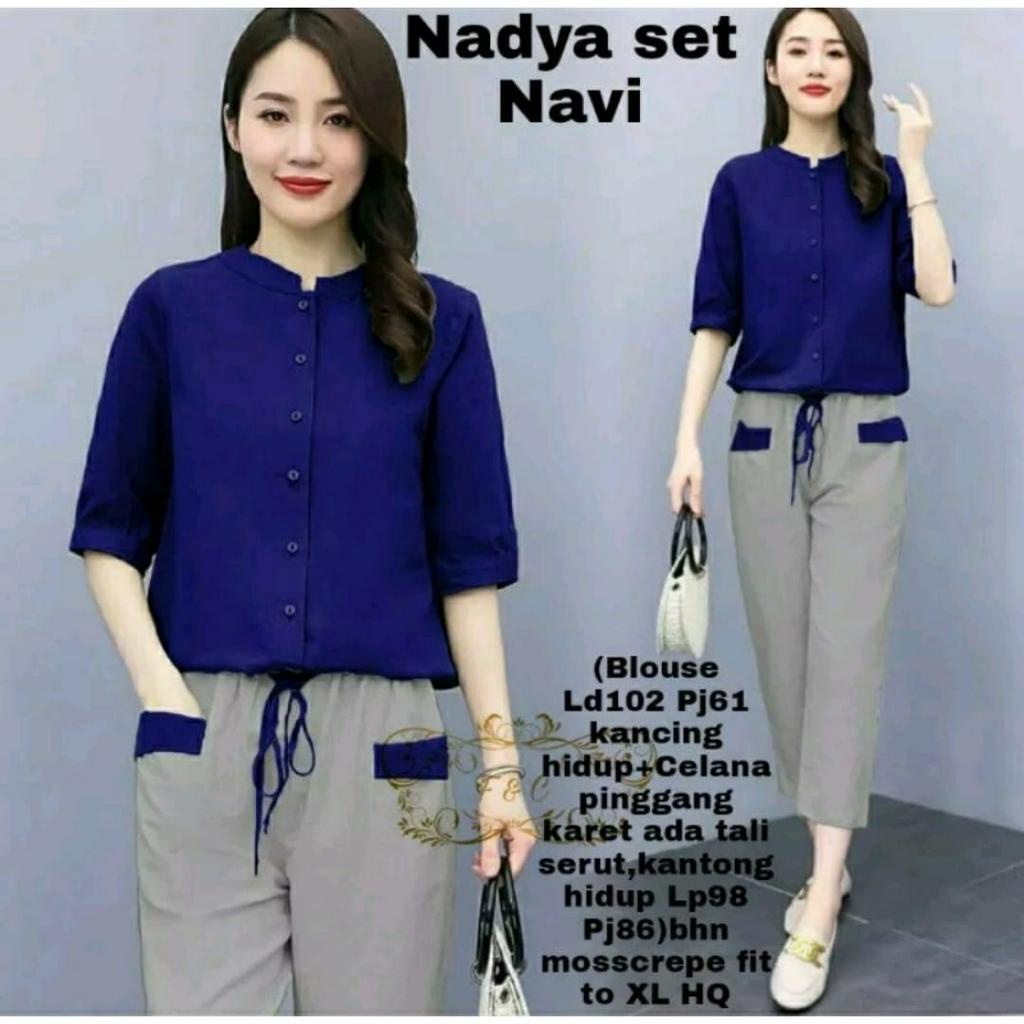 PCS SET NADYA BAHAN MOSCREPE FE SETELAN ATASAN DAN CELANA 3 UKURAN M L XL