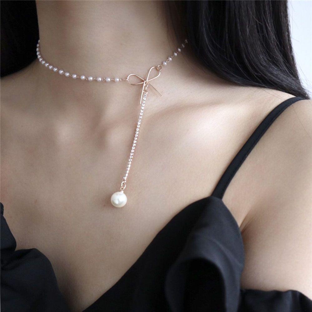 NEEDWAY Liontin Kalung Gadis Sederhana Wanita Aksesoris Fashion Desain Klasik Busur Simpul Choker