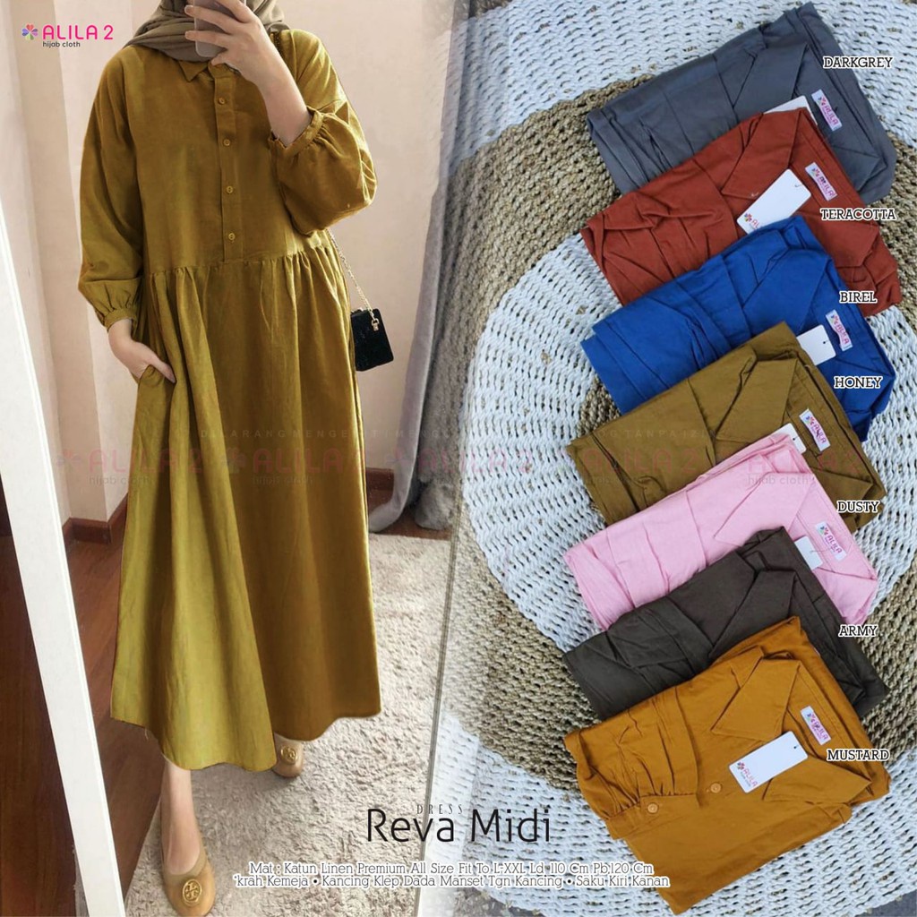 REVA MIDI DRESS BY ALILA2 / GAMIS MIDI DRESS POLOS BAHAN KATUN LINEN PREMIUM