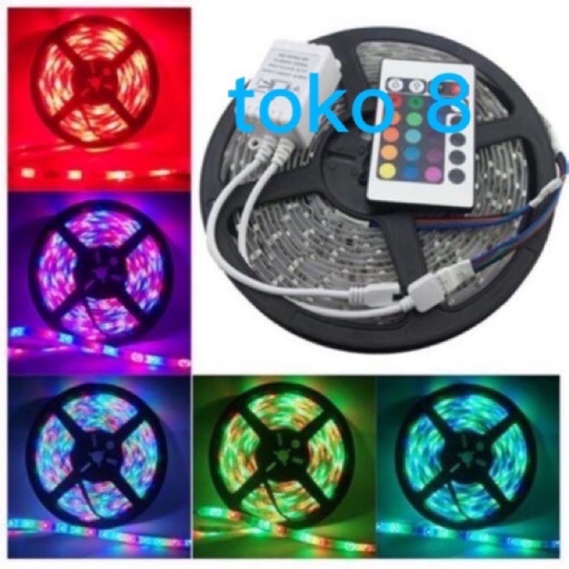 LAMPU LED  STRIP 3528 2835 RGB WARNA WARNI IP44 10M AC 220V + ADAPTOR + REMOTE 3528 (LAMPU TIKTOK)