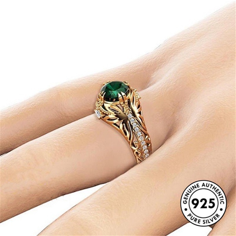 Cincin Sterling Silver 925 Lapis Emas Dengan Batu Emerald Untuk Wanita