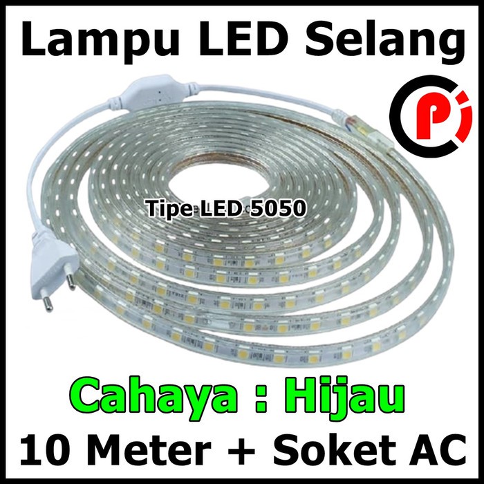 LED Selang 5050 Panjang 10 Meter 10M Plus Soket Colokan AC Warna Hijau