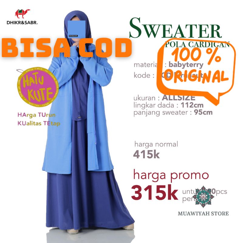 Best Seller Sweater Cardigan Wanita Dhikr And Sabr Biru Laut