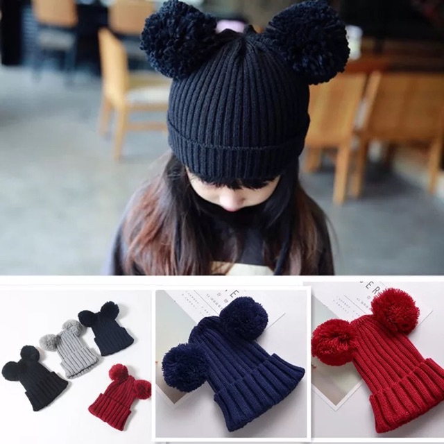 Topi kupluk mickey minnie pom pom