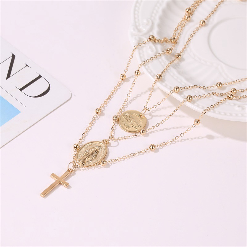 Kalung Liontin Logam Yesus Fashion Lintas Kalung Multi-Layer Kalung 3 Layer