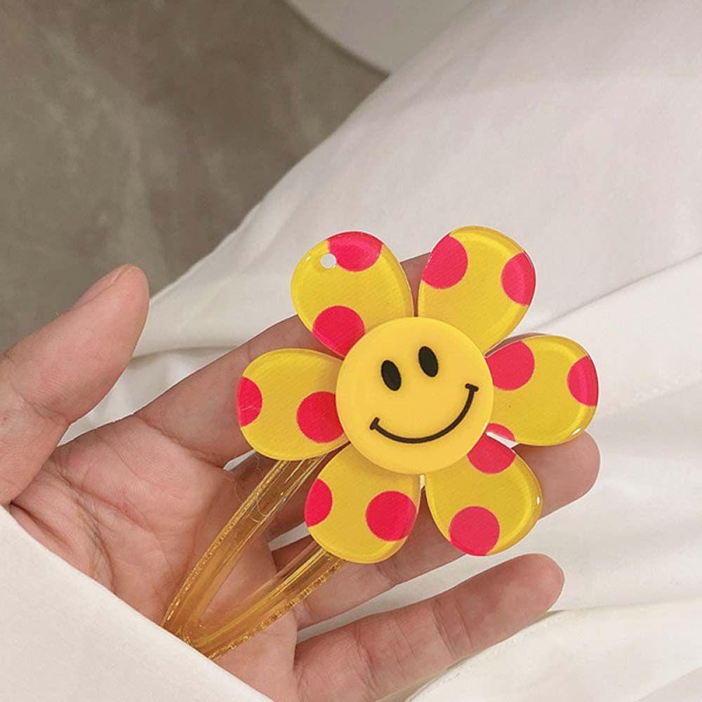 NEEDWAY Jepit Rambut Wanita Lucu Indah Akrilik Poni Samping Klip Poni Clip Sun Flower Smile Face Gaya Korea