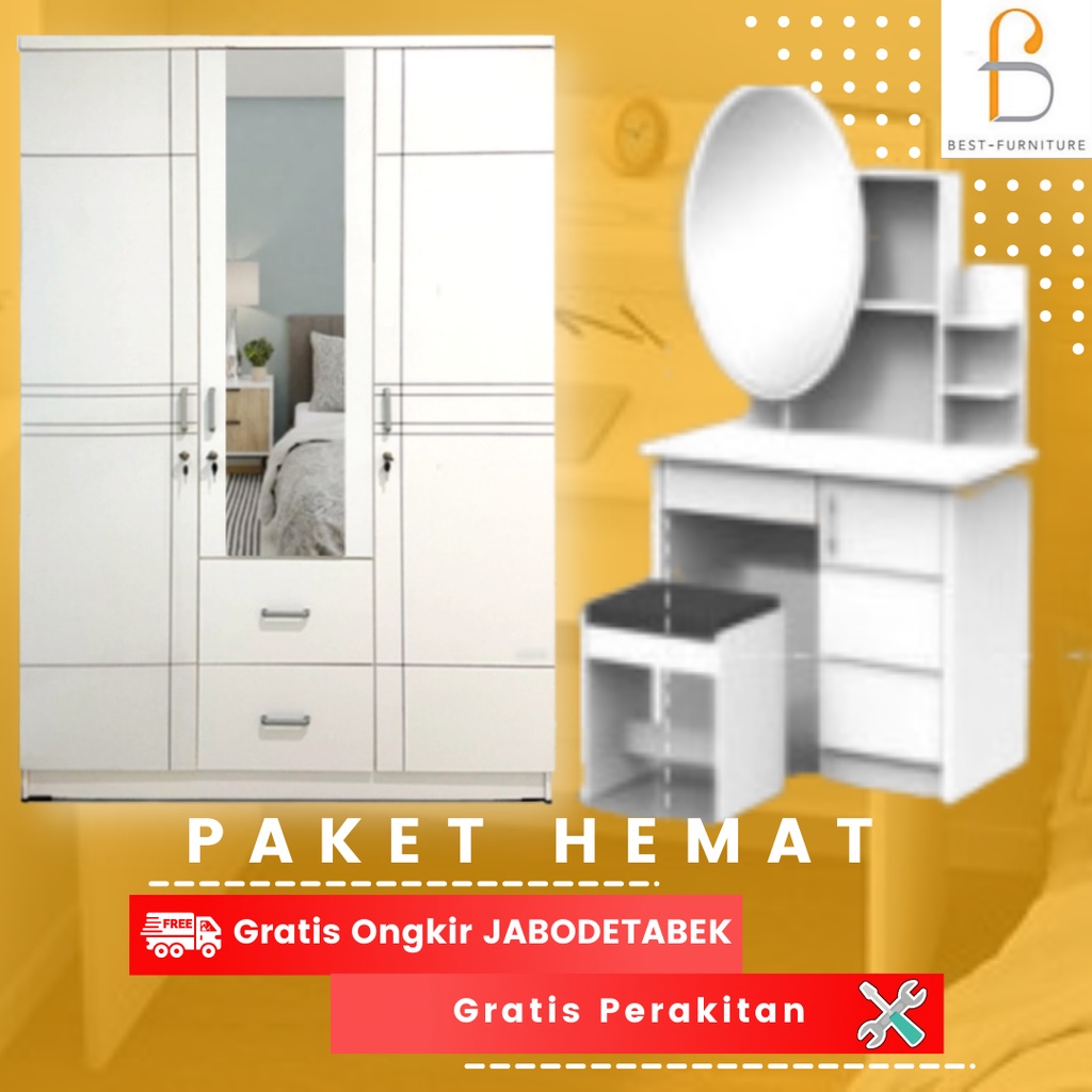 GRATIS ONGKIR + RAKIT Paket Hemat-06 Furniture Ruang Kamar Lemari Pakaian 3Pintu BW008 dan Meja Rias