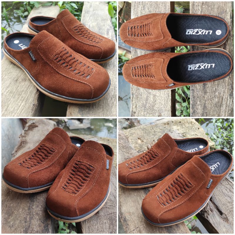 39 - 44 Bustong Pria Kulit Slop Slip On Selop Cowok Santai Suede Sol Karet