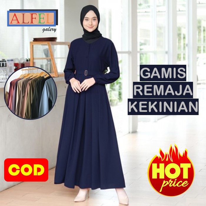 Baju Gamis Terbaru Remaja Wanita Kekinian Modern Murah Syari Polos Warna Biru Navy Navi Napy Nevy Ne