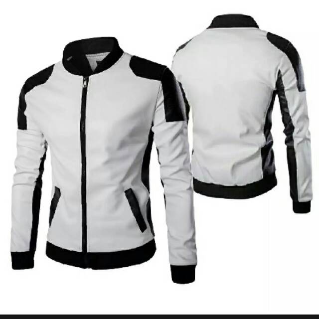 jaket semi kulit putih black pria