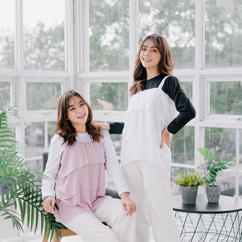 ATASAN WANITA - TWIN RUFFLE 2IN1 TANGTOP + INNER - SET ATASAN - PAKAIAN TERLARIS - KOREAN STYLE