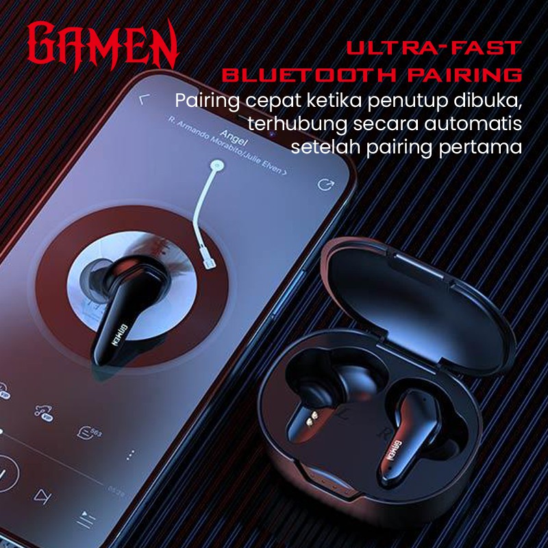 GAMEN Sirens Headset Earphone Airbuds Low Latency 40 MS LED HD Sound Semi-In-Ear Waterproof TWS True Wireless Stereo Original - Garansi Resmi 1 Tahun