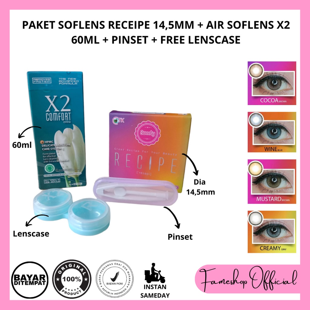 PAKET SOFTLENS RECIPE DIA 14,5MM NORMAL &amp; MINUS + CAIRAN X2 60ML + PINSET + LENSCASE / COD INSTAN SAMEDAY / LENSA KONTAK / PAKET MURAH