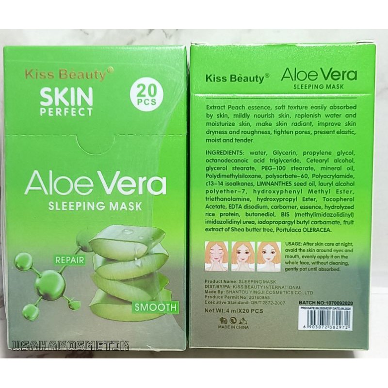 MASKER WAJAH KISS BEAUTY SLEEPING MASK ALOE VERA PERBOX ISI 20PCS NO.1070-03A