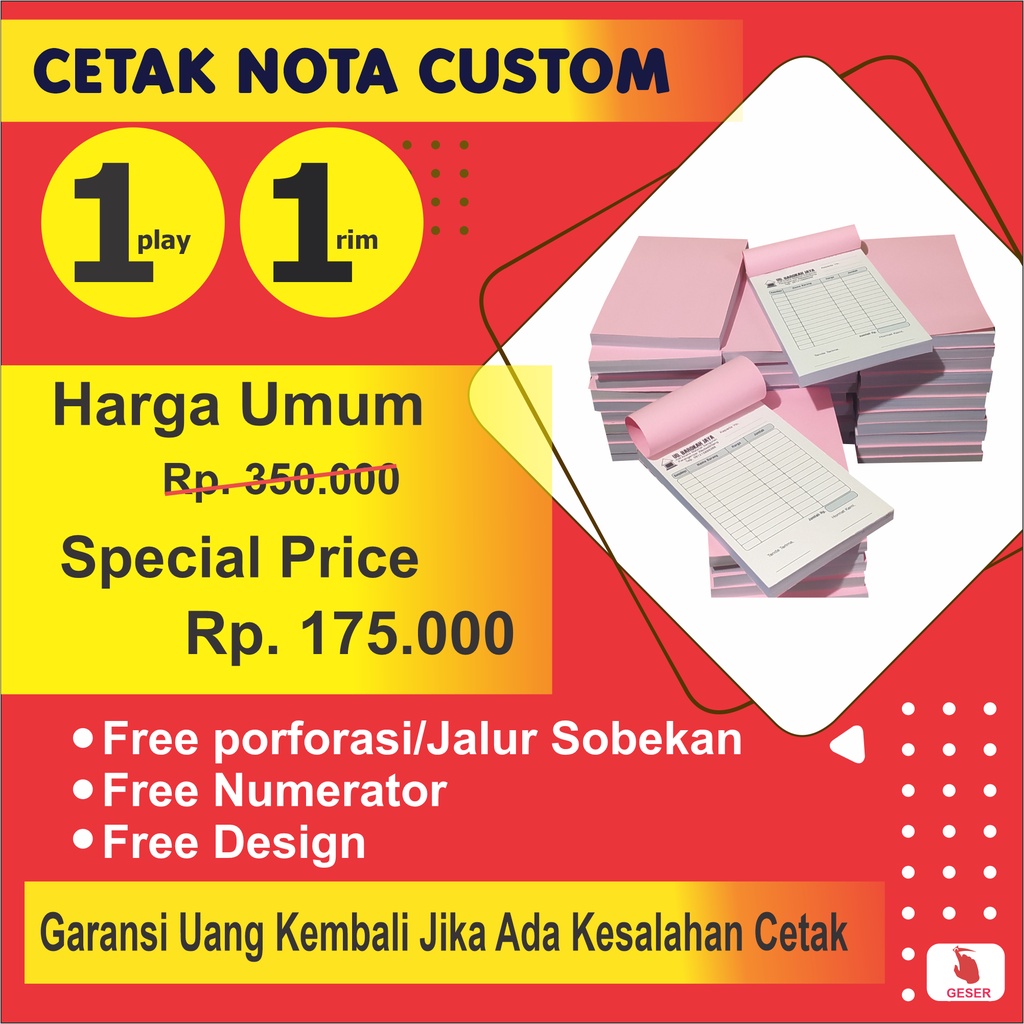 CETAK NOTA -- 1 RIM 1 PLY - RANGKAP -- Percetakan Custom NCR INVOICE Bon Surat Jalan Kwitansi Olshop