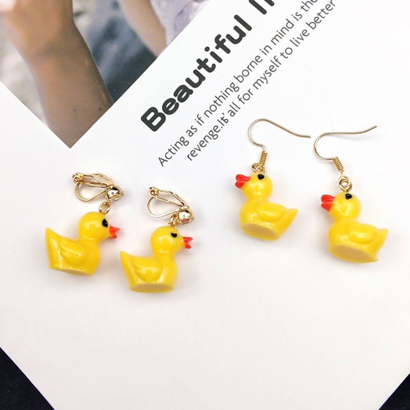 Siy Anting Tusuk Gantung Desain Bebek Kuning Mini Tanpa Tindik Untuk Anak Perempuan