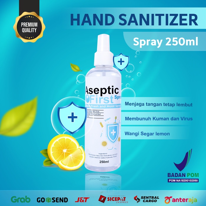 Hand Sanitizer Cair Spray ASEPTIC FIRST berizin BPOM HANDSANITIZER 250ml