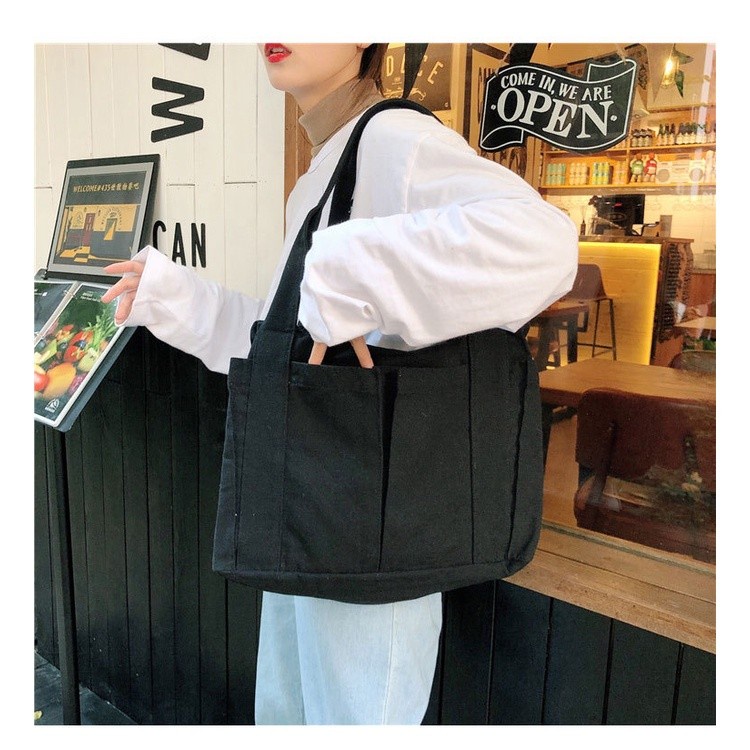 TC-137 tas canvas bahu simple hitam putih kampus sekolah korea jepang