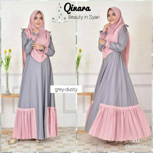 Gamis Qinara syar'i polos kombinasi setelan khimar jilbab serut