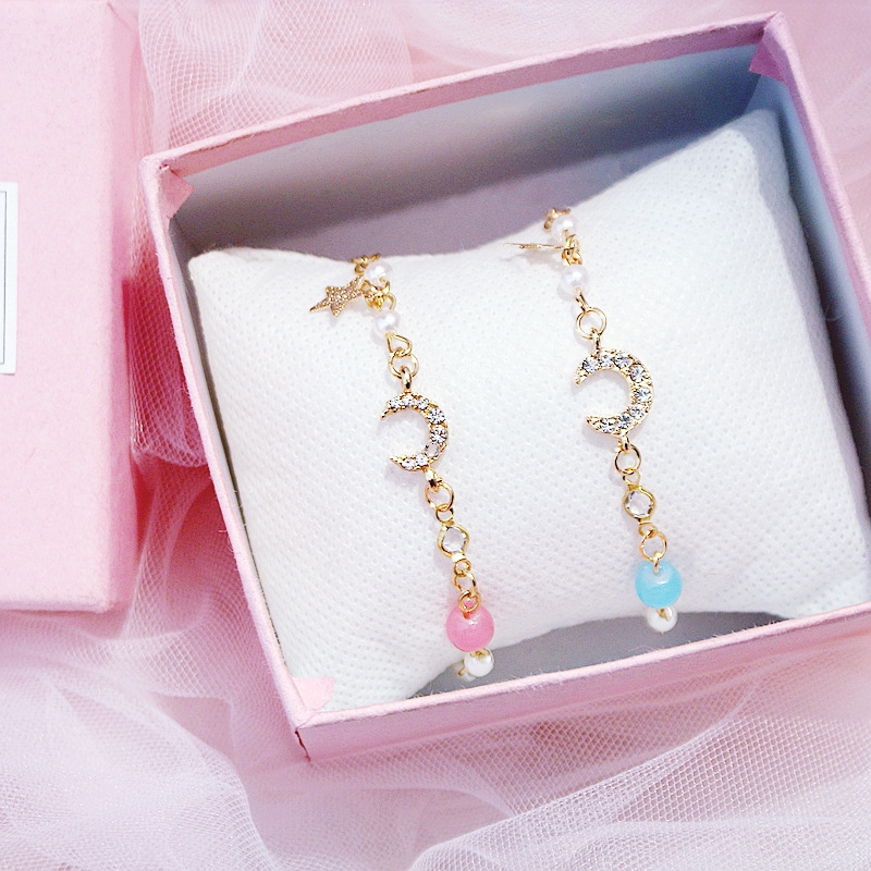 Gelang Rantai Tangan dengan Charm Bentuk Bulan, Beads Marmer untuk Wanita