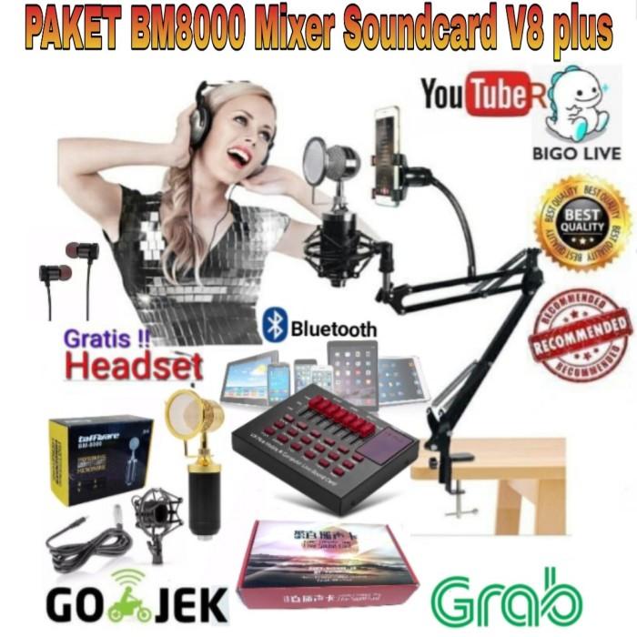 Acc Mic | Paket Komplit Bm8000 Sound Card V8 Plus Bluetooth Stand Mic Stand Hp