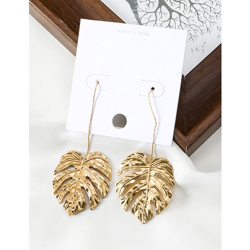 LRC Anting Gantung Fashion Golden Alloy Leaf Earrings