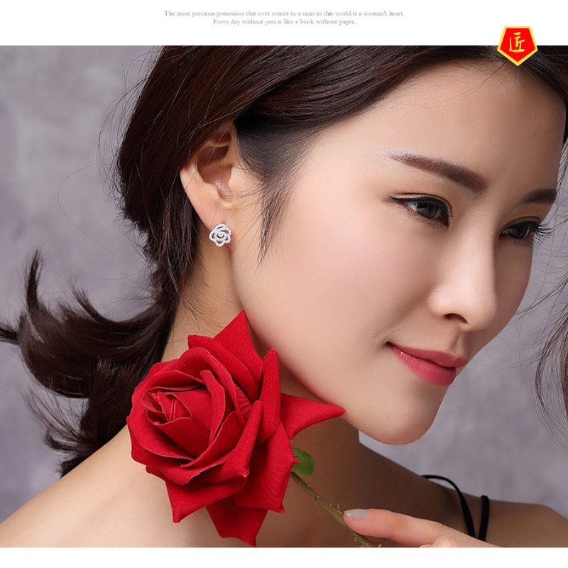 [Ready Stock]925 Silver Rose Diamond Stud Earrings Graceful Fashionable