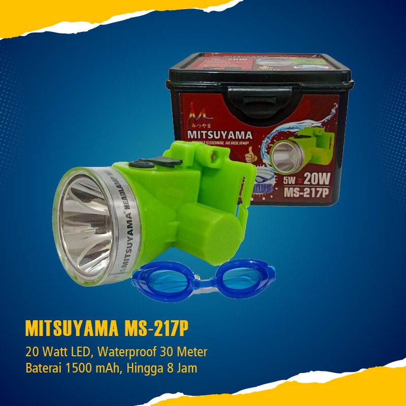 Promo Terbaru!!! Senter Kepala Mitsuyama MS-217p 20Watt High Power Headlamp Rechargeable Water Resistant 30 Meter Bonus Kacamata Selam