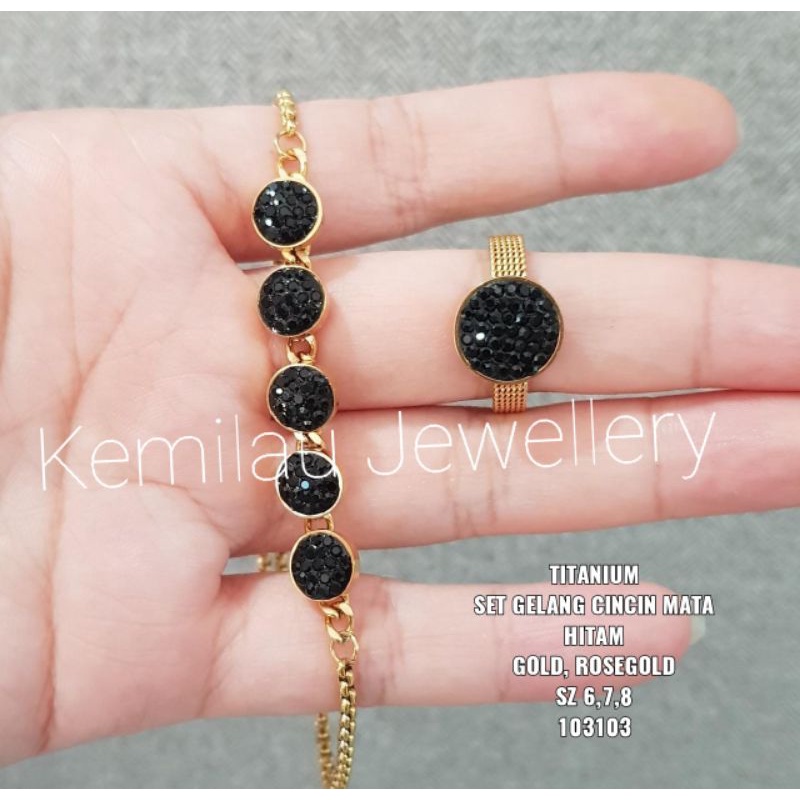 Set titanium cincin gelang serut mata hitam