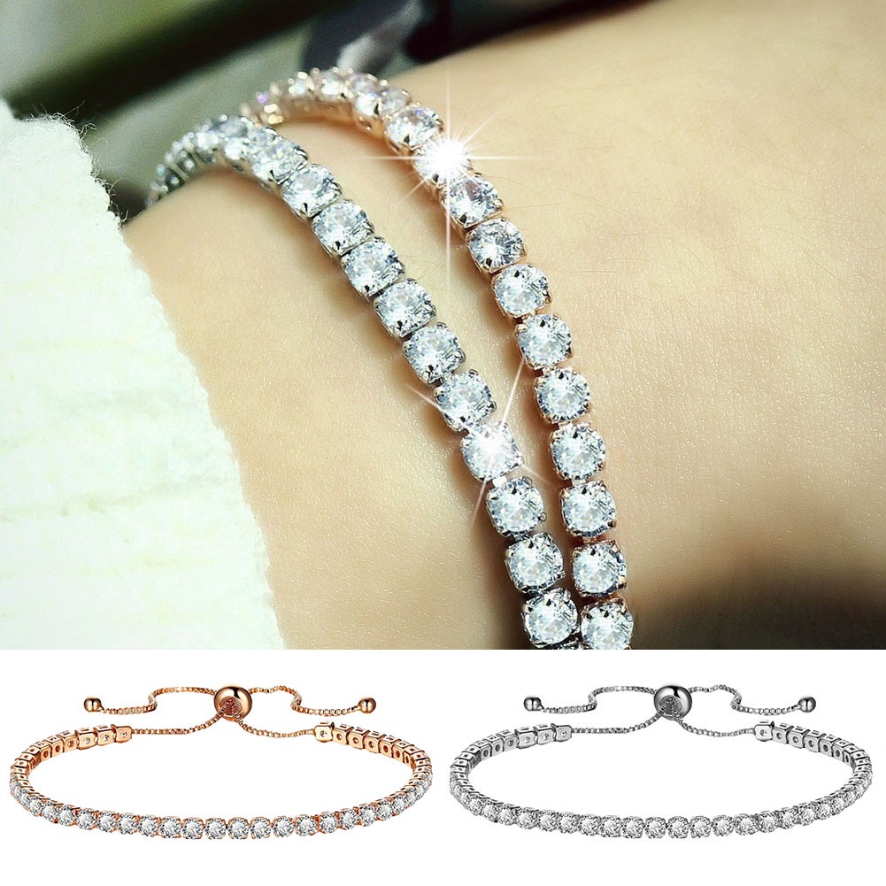 Canaan Gelang Tangan Rantai Serut Adjustable Hias Batu Zircon Kubik Mewah Untuk Wanita