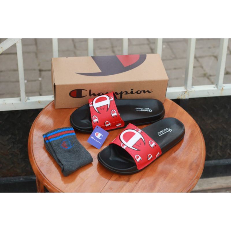 SANDAL SLIDE CHAMPION FULL PRINT LOGO FULL RED BLACK