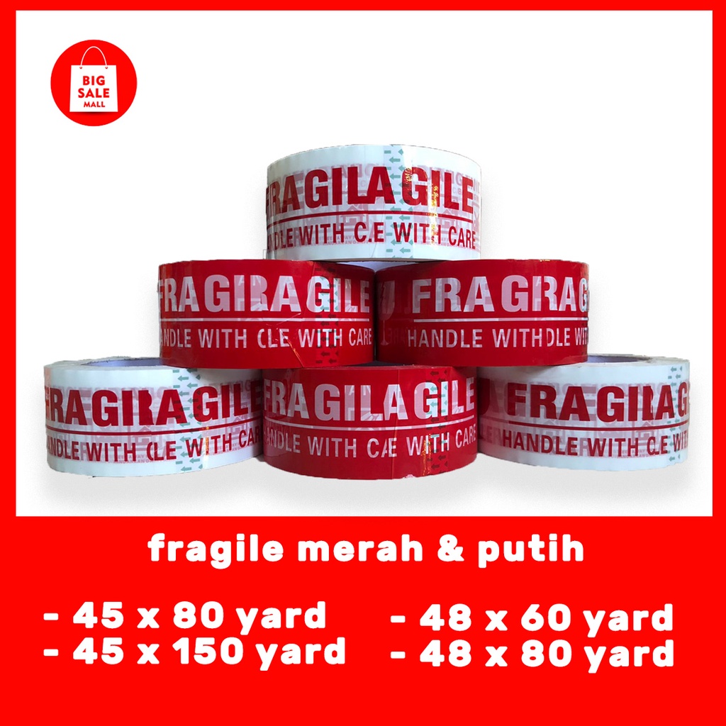 Lakban OPP Tape / Lakban Fragile Putih, merah 60,80,150 Yard