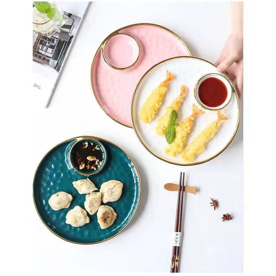 Piring pangsit list emas / piring saos / Piring makan keramik