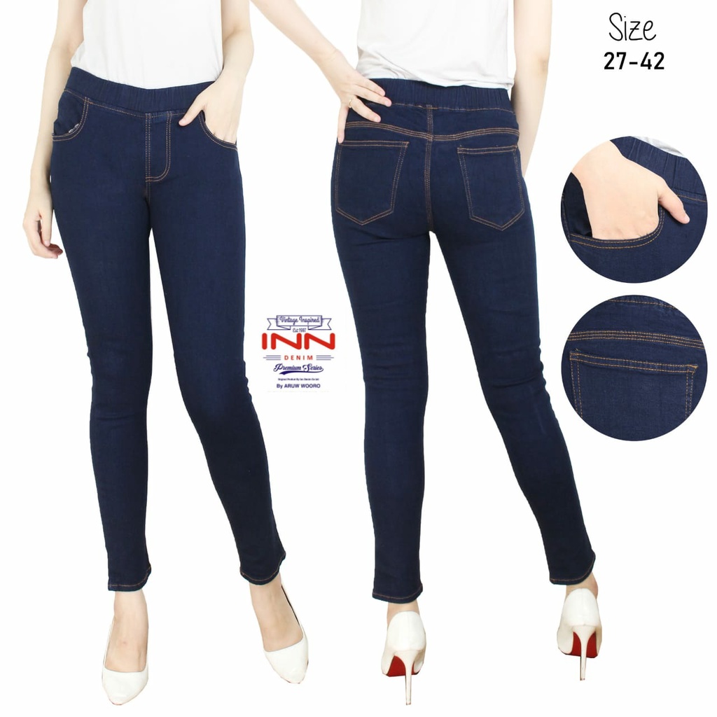 Celana Jeans Pinggang Karet Tebal Muat BB 120kg Ready Ukuran 27-45 Jegging Softjeans Polos Realpick