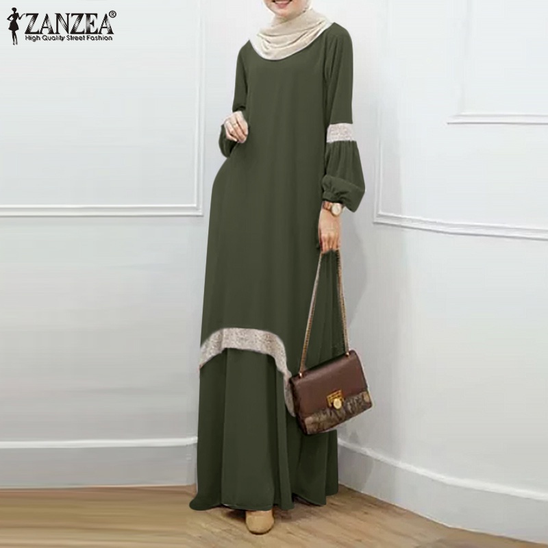 ZANZEA Women Fashion Full Sleeve O-neck Lace Patchwork Solid Muslim Long Dress