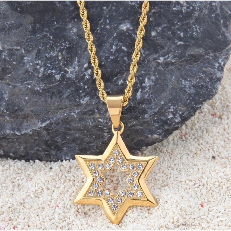 Kalung Rantai Liontin Bintang David Warna Emas Gaya Hip Hop Untuk Pria / Wanita