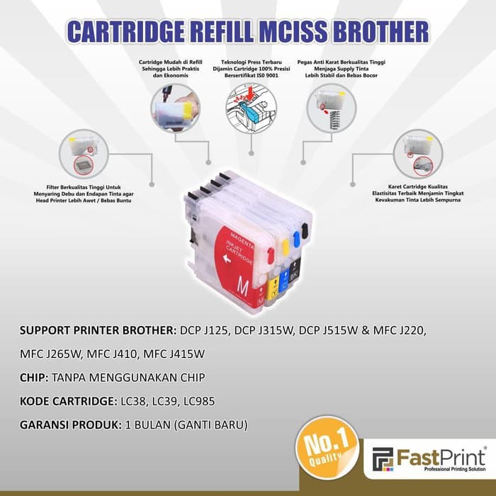 Fast Print Cartridge MCISS Brother DCP J125 Model Pendek Plus Tinta