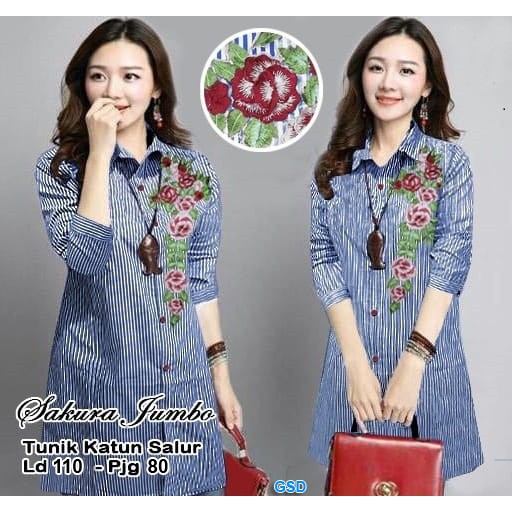 Tunik Salur Sakura/Promo Atasan Tunik Murah/ Kemeja Wanita/fashion Busana Wanita