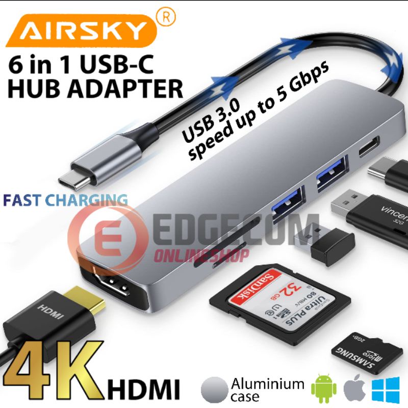 USB 3.1 Type C 6in1 to HDMI 4K, USB 3.0, Card Reader, Type-C PD HUB Converter