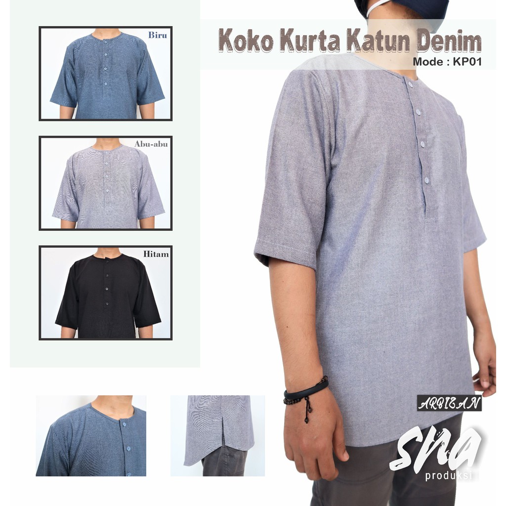 Baju Muslim Koko Kurta Polos Pria Katun Dobby Denim KP01