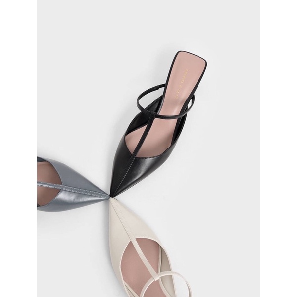 Sepatu Kulit Hak Tinggi Wanita CK Leather T Strap High Heels 4cm Premium Import, Hitam Black Putih W