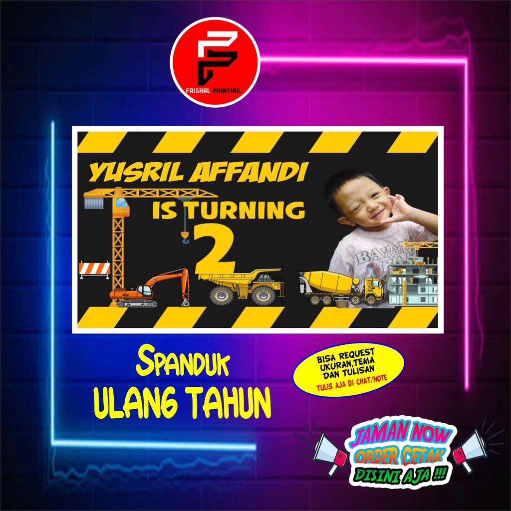 Spanduk banner Ulang Tahun Tema Konstruksi Ukuran 2 x 1 meter