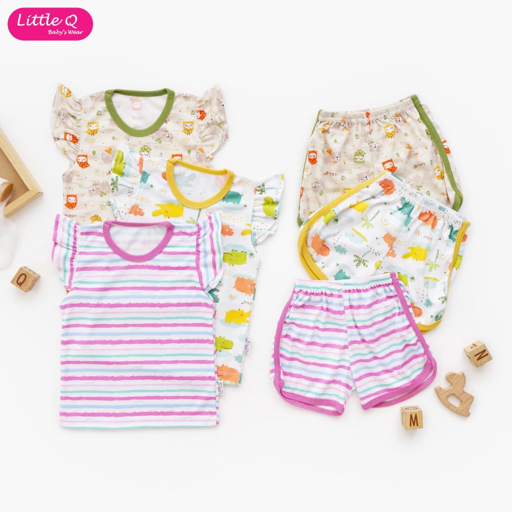 LittleQ Setelan Ruffle Tee Motif - Setelan Baju Bayi dan Anak Perempuan Rampel Celana pendek Little Q SNI