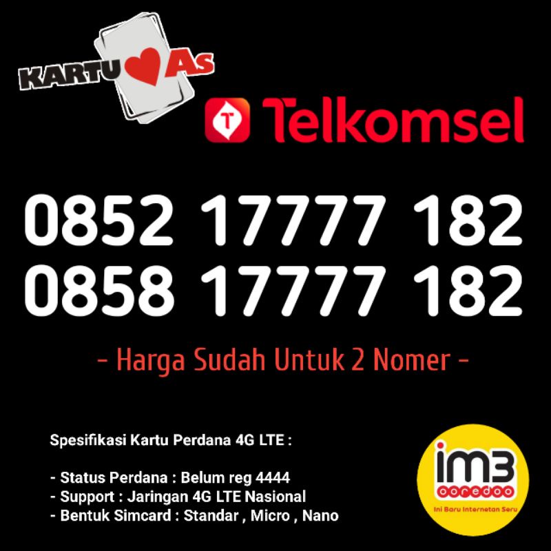 Nomor Cantik Telkomsel Kartu As Couple IM3 Indosat Ooredoo 7777 182
