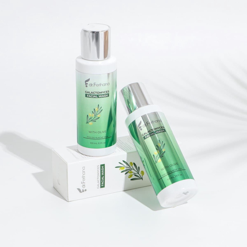 Pembersih Kulit Wajah Berminyak Berjerawat Galactomyces Facial Wash with Olive for Oily &amp; Acne Skin dr. Ferihana Cosmetics &amp; Skincare Mampu Membersihkan Kotoran Aman Untuk Kulit Sensitif Dan Mengontrol Minyak Dan Jerawat BPOM LPPOM HALAL MUI